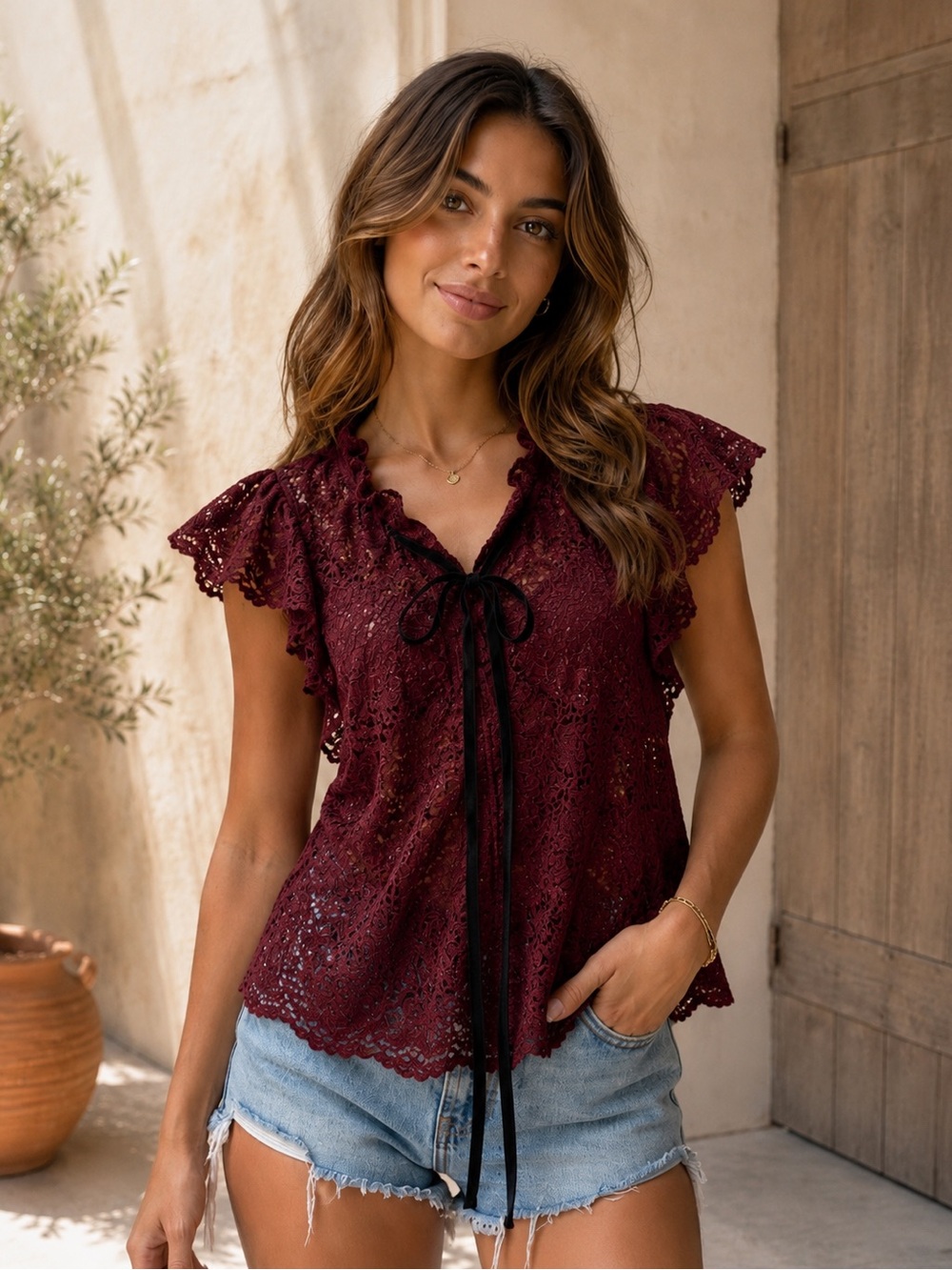 a'gaci Burgundy Lace Flutter Sleeve Tie-Neck Blouse
